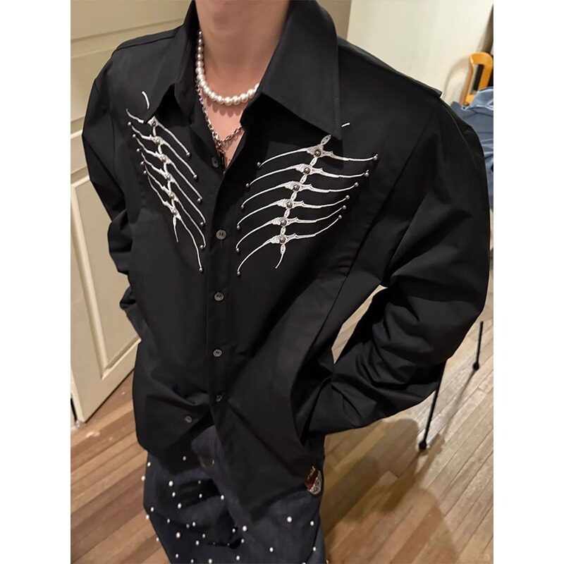 蛇瞳脊骨美式垫肩黑色衬衫男女高级感小众重工刺绣长袖衬衫外套,男装,衬衫,淘宝优惠券,粉丝福利购,淘宝优惠卷