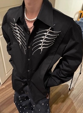蛇瞳脊骨美式垫肩黑色衬衫男女高级感小众重工刺绣长袖衬衫外套