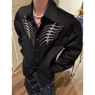蛇瞳脊骨美式垫肩黑色衬衫男女高级感小众重工刺绣长袖衬衫外套