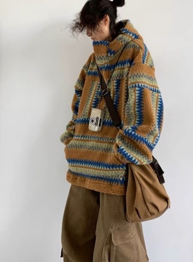 秋冬日系复古民族风羊羔绒连帽卫衣男女款高领半拉链保暖带帽外套