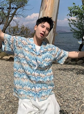 日系复古夏威夷度假穿搭蓝色古巴领镂空针织短袖衬衫男高级感衬衣