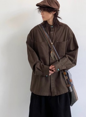春秋季日系复古深棕色工装长袖衬衫男立领纽扣装饰宽松休闲衬衣