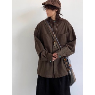 男立领纽扣装 春秋季 衬衫 长袖 饰宽松休闲衬衣 日系复古深棕色工装