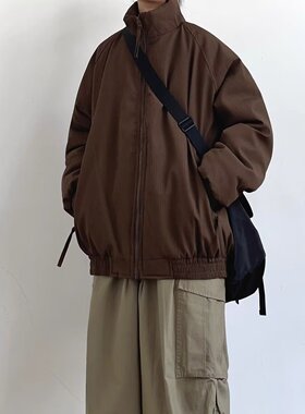 冬季日系复古纯色立领竖纹棉衣男女休闲学院风百搭宽松棉袄面包服