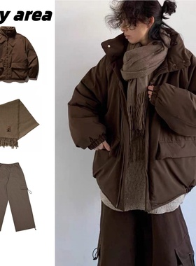 冬季日系复古棕色高领棉衣外套男女加厚保暖大口袋纯色工装棉袄