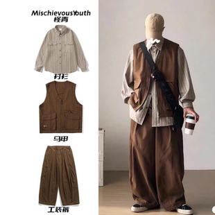 春秋三件套日系复古竖条纹灰色衬衫 衬衣 男女宽松休闲翻领叠穿长袖