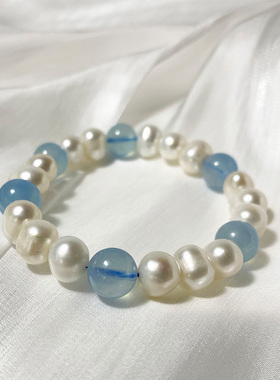 创意天然淡水珍珠海蓝宝手链女设计款圆珠手串男多宝轻奢小众饰品