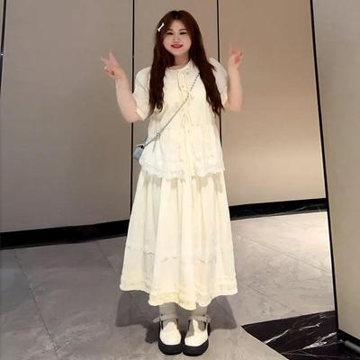 大码女装复古蕾丝衬衫半身裙两件套夏季新款胖mm显瘦搭配一整套装