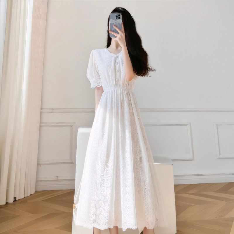白色V领蕾丝连衣裙女夏超仙森系甜美白裙子法式长款气质收腰长裙