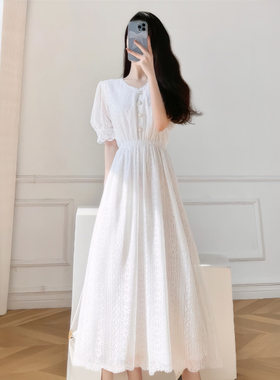 白色V领蕾丝连衣裙女夏超仙森系甜美白裙子法式长款气质收腰长裙