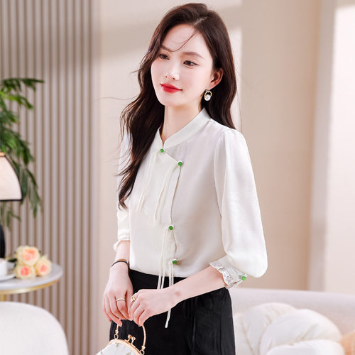 盘扣立领缎面提花雪纺衫2024春装新款洋气小衫长袖女衬衣