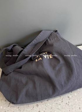 大容量ins简约帆布包 单肩手提托特包文艺布袋女 字母复古慵懒风