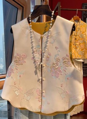 年轻版新中式马甲国风盘扣缎面提花马夹复古精致上衣无袖背心女冬
