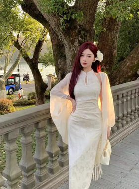 夏装新中式国风改良旗袍连衣裙气质裙子女装2025秋季新款白色长裙