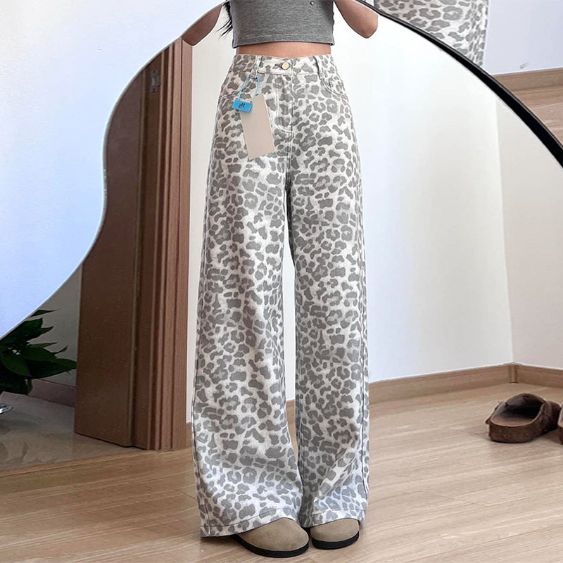 胖mm美式豹纹设计阔腿牛仔裤女秋季新款宽松遮胯百搭显瘦拖地裤