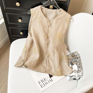 设计马甲名媛气质绝美上衣2025新中式国风盘扣刺绣背心女夏季马夹