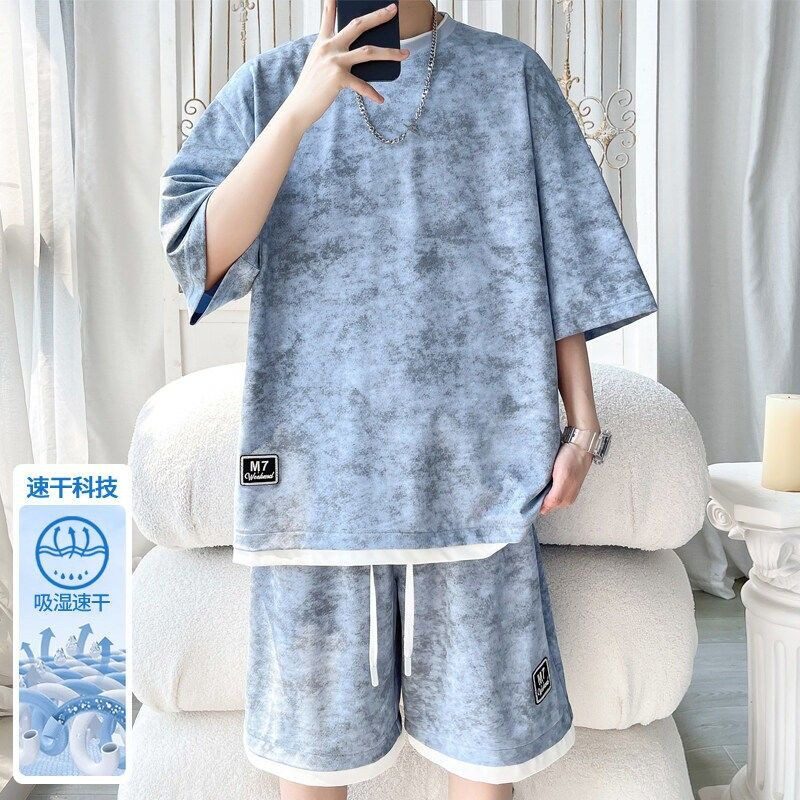 现货夏季套装男扎染冰丝五分袖t恤短裤潮流大码男装整套休闲男装