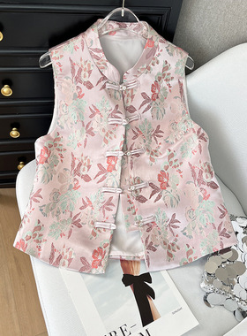 2025早春马甲民族风立领桃花开衫国风复古设计感提花外套短款马甲