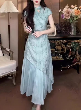 2025夏季新款新中式国风晕染连衣裙女收腰显瘦气质旗袍裙高级长裙
