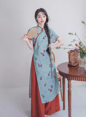 【游夜宴】蓝色唐代仕女印花改良旗袍新中式连衣裙国风套装