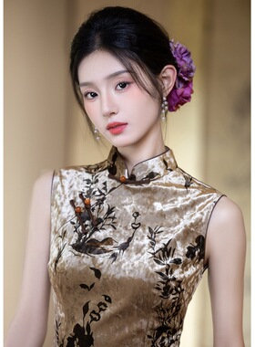 2025秋季新款民国风复古丝绒旗袍 高级感改良气质无袖旗袍裙7502