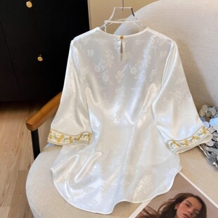 国风刺绣上衣高级感七分袖夏款女气质衬衣夏季白色气质新中式衬衣