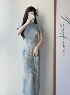 蓝色提花复古民国风旗袍2025夏季新款高端气质短袖日常可穿新中式