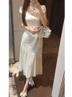 关关雎鸠 新中式2025夏季新款优雅收腰拼接改良旗袍高雅女连衣裙