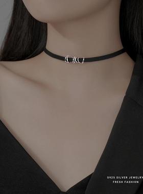 925纯银hoker锁骨链项链女脖颈链颈带黑色皮绳项圈小众设计in潮