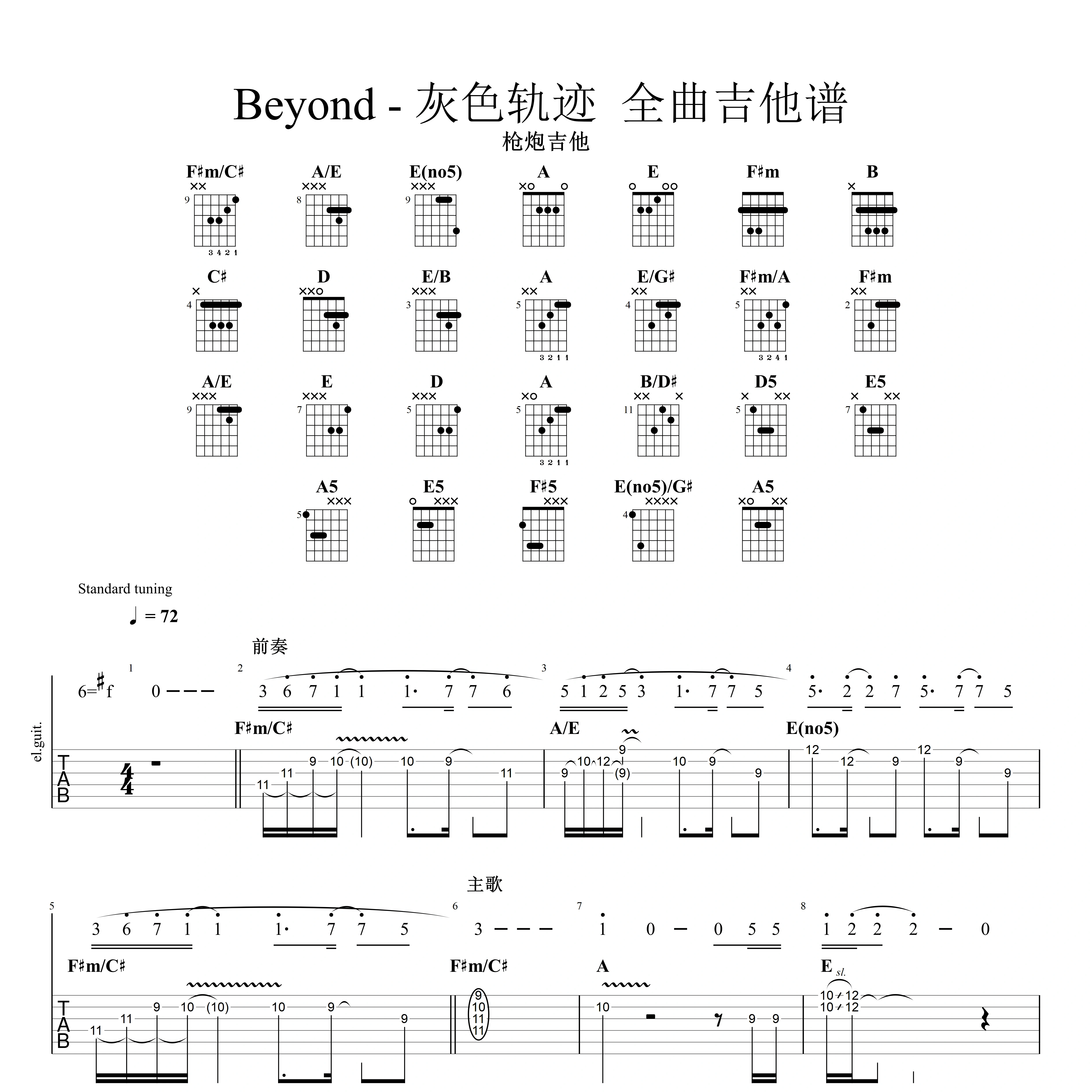 beyond 乐队经典曲目 《灰色轨迹》 全曲吉他谱