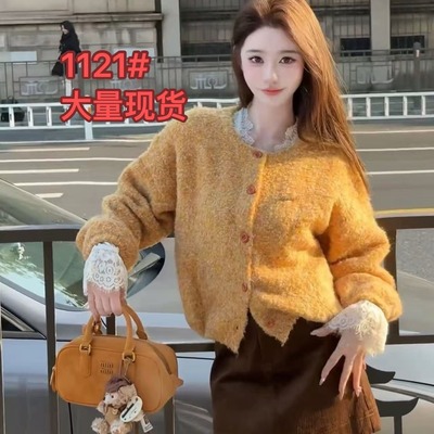 巨好看的小香风黄色毛衣开衫外套女秋冬宽松慵懒高级感针织衫上衣