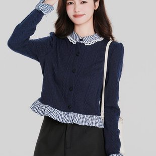 上衣整套 秋冬撞色立领小香风荷叶边短款 已出货假两件长袖 针织开衫