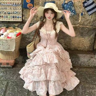 Tomoyois樱织花翎 精致甜美小飞袖温柔碎花收腰公主连衣长裙