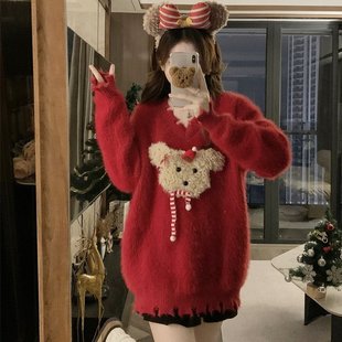 实拍～大码 红色v领小狗圣诞套头水貂绒新年慵懒风毛衣 胖MM美式