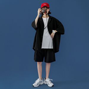 19XZ02*P65港风夏季韩版短袖女五分袖外套潮流宽松小西服短裤套装图片