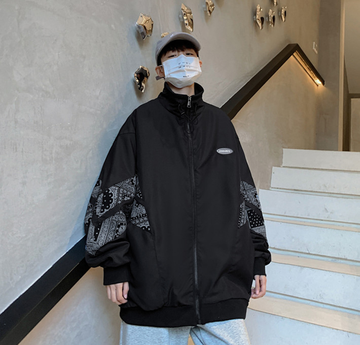 XZ213-19JK26-P75外套2025年休闲拉链青春港风腰果花夹克大码双色，男装夹克，星座213