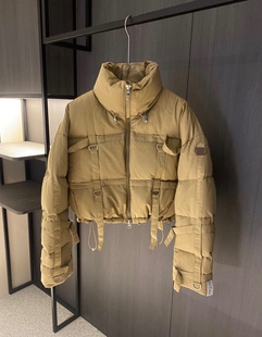 女士超短款 井字全身可调节绑带 肩带工装羽绒服夹克机车风凹造型