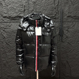 90绒双拉链彩条门襟可隐藏连帽羽绒服黑色亮漆面彩虹织带面包服潮