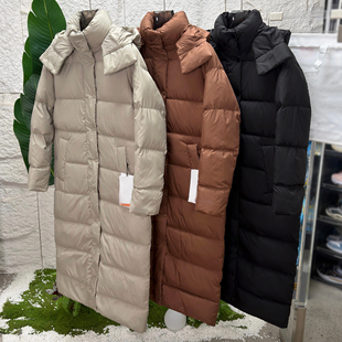 鹅绒九格长款女士连帽羽绒服纯色简约羽绒大衣风衣行走的羽绒被