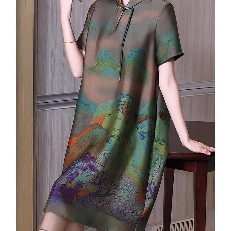 声雨竹香云纱桑蚕丝妈妈夏装新款短袖连衣裙中老年女洋气国风桑蚕
