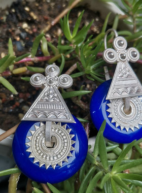 新款彝族银耳环网红蓝色圆环包银大凉山民族耳饰手工打造仿古三角