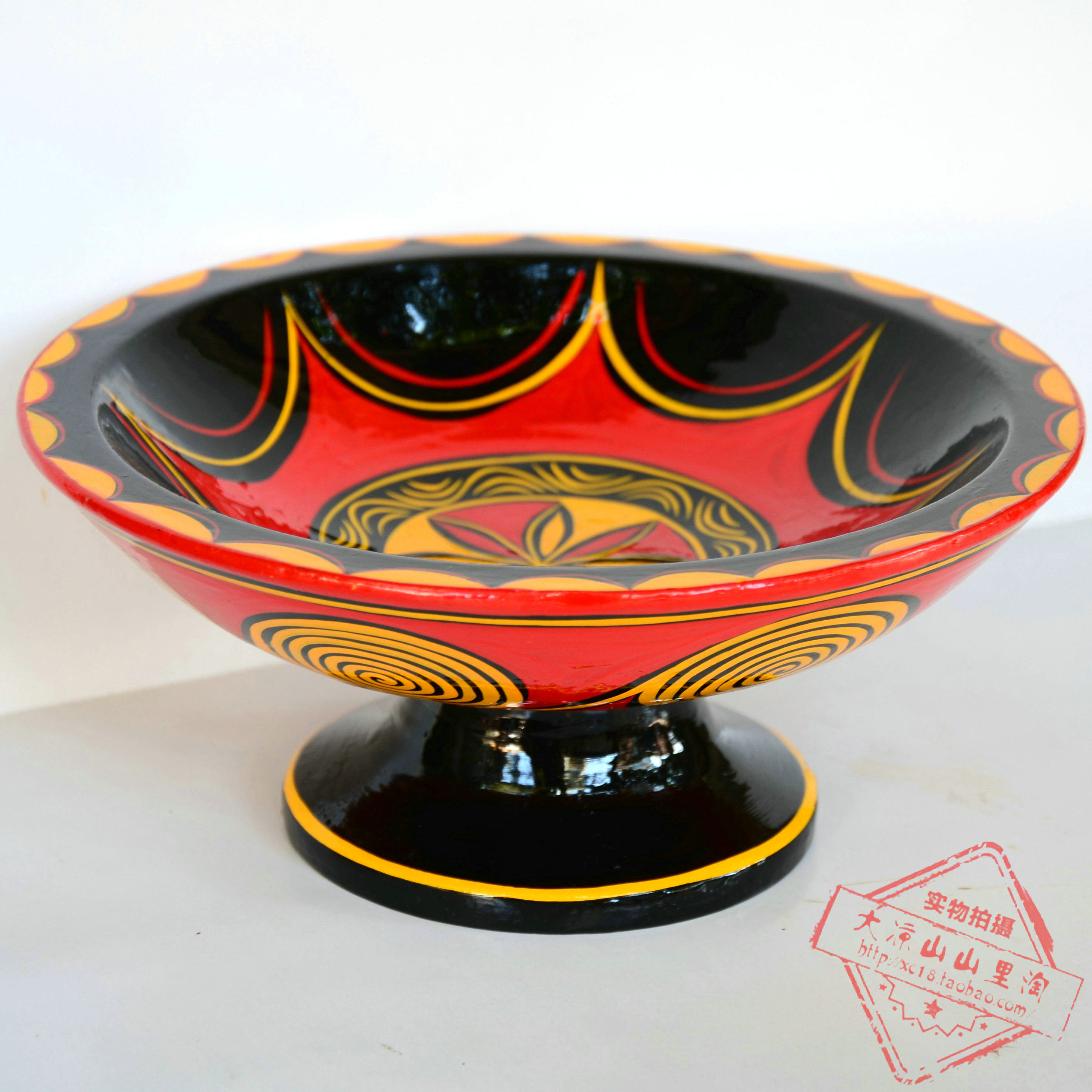 彝族漆器餐具盘子彩绘手工艺品四川大凉山西昌矮脚盘餐具果盘菜i.
