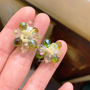 月下煎茶手工串珠绿色水晶琉璃耳钉小清新森系文艺范淑女耳饰