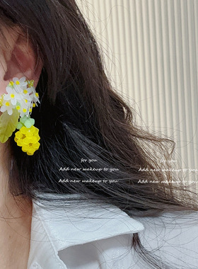 清透少女感柠檬黄菠萝耳钉可爱减龄手工编织耳环女清新森系耳饰品