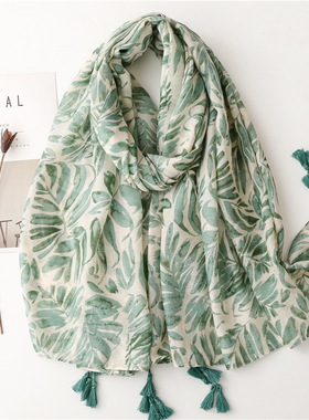 旅游防晒披肩巴厘纱棉麻围巾绿色芭蕉叶女士装饰丝巾Scarf shawl
