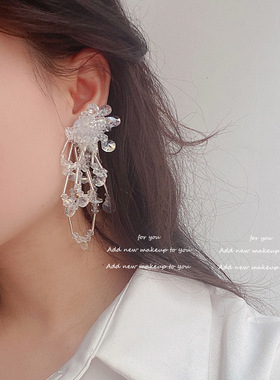 透明水晶瀑布手工串珠耳钉夸张个性轻奢耳环小众度假ins风耳饰品