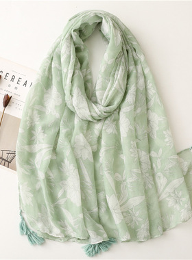 棉麻手感围巾女士浅色绿色花朵手工流苏纱巾披肩Scarf shawl