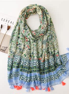 围巾绿色小花棉麻围巾韩国棉材质手感柔软丝巾Scarf shawl
