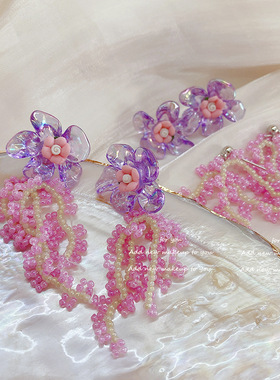 手工串珠紫藤花流苏耳钉小清新紫色花朵温柔风耳环甜美网红耳饰品