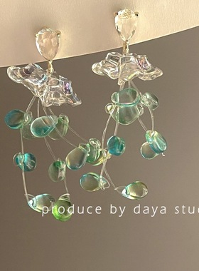 法式复古绿色串珠长款耳钉女浪漫气质度假风耳环高级感耳饰品